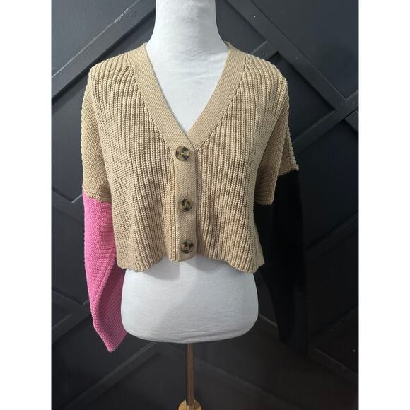 Small Forever 21 ribbed Knit Sweater Cardigan colour black pink brown - Picture 1 of 3